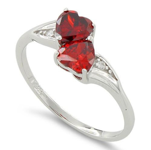 Sterling Silver Double Heart Garnet CZ Ring - Picture 2 of 5
